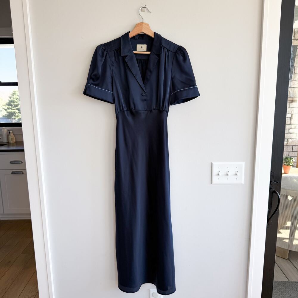 Tuckernuck Woodbine Satin Bellamy Collared Short Sleeve Midi Dress Navy Blue M - Picture 1 of 12